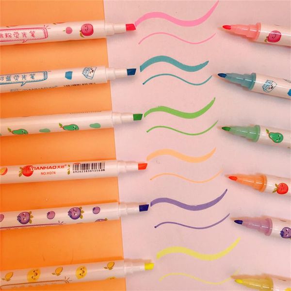 

highlighters 6pcs/set fruit highlighter pen marking graffiti handbook painting stationery double head fluorescent pens school supplies, Black;red