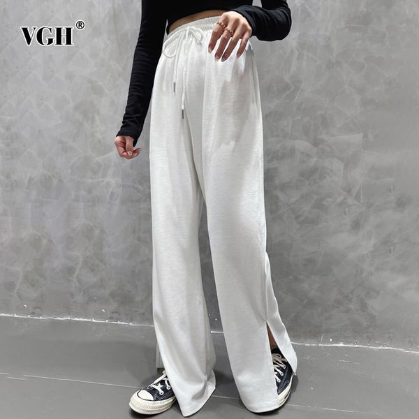 

vgh minimalist black wide leg pants for women high waist straight casual bottom split trouser female fashion new clothing 210421, Black;white