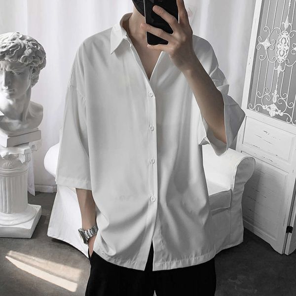

men's casual shirts ruffian shuai short men's korean leisure trend 7 / 4 sleeve white shirt handsome summer coat n2hu, White;black