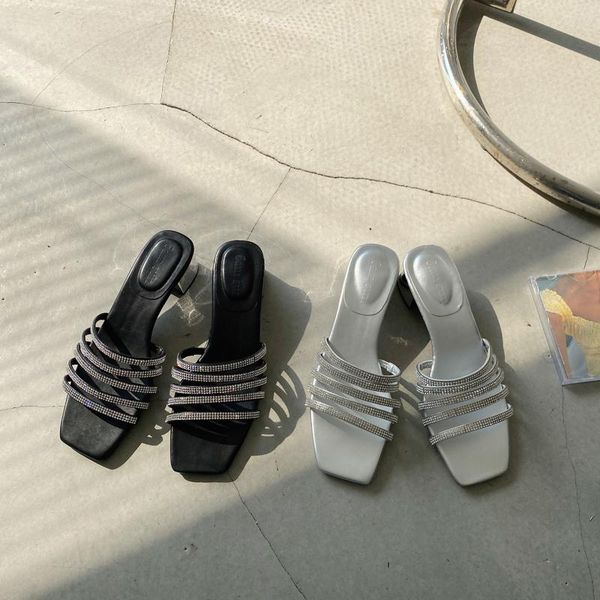 

slippers 2021 summer women narrow band rhinestone slides mules shoes thick mid heels shallow slip on pumps casual beach, Black