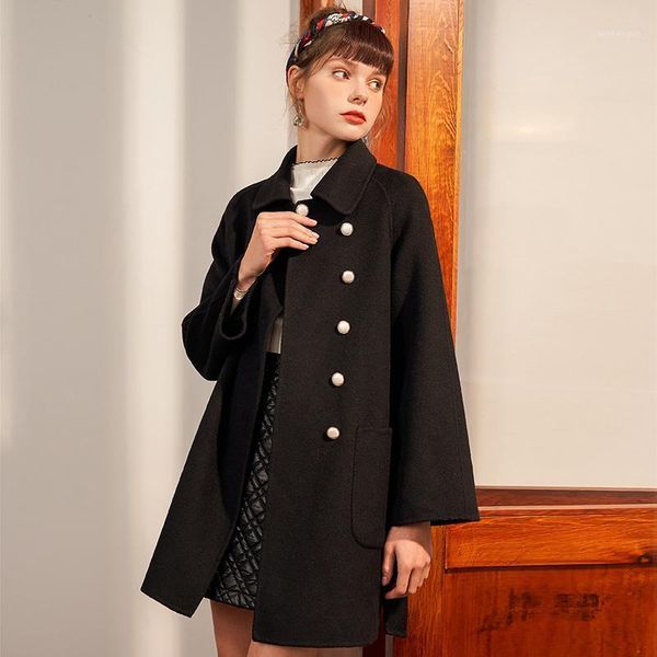 

women's wool & blends shzq double sided tweed coat autumn and winter 2021 woolen hepburn medium long black