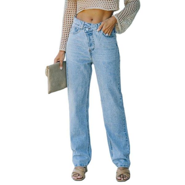 

women's jeans light blue straight women high waist casual irregular denim trousers office lady cotton pants 2021 autumn