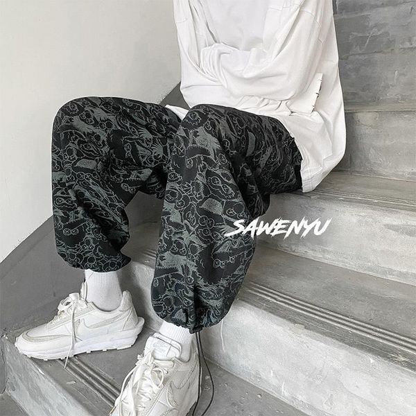 

spring and autumn wide leg pants men's casual hong kong style sports, Black