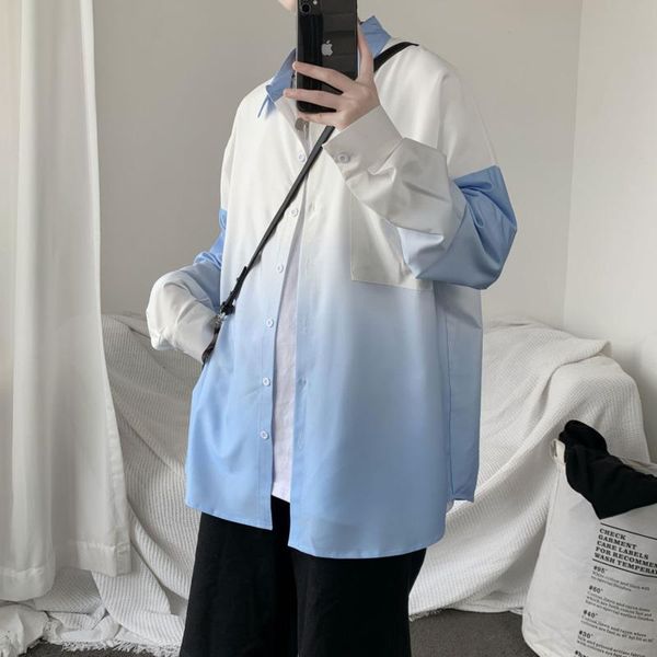 

men's casual shirts spring summer gradient fashion pocket men korean loose long-sleeved mens dress -2xl, White;black