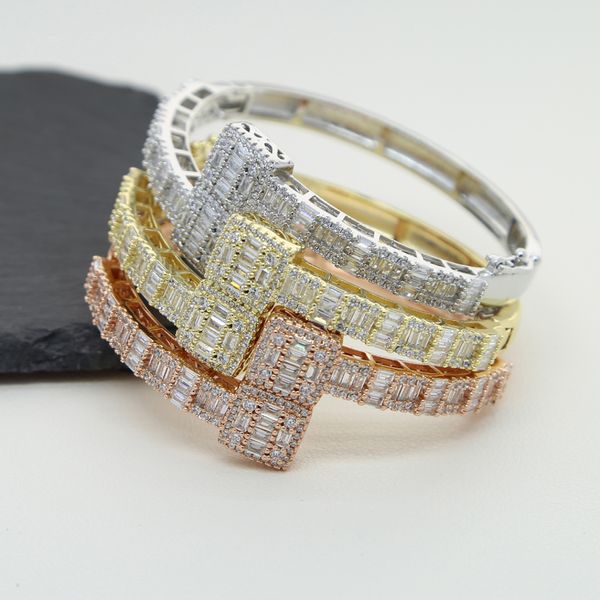 2024 moda nuovo oro argento colore aperto quadrato zircone braccialetto di fascino ghiacciato Bling Baguette CZ braccialetto per uomini donne gioielli di lusso