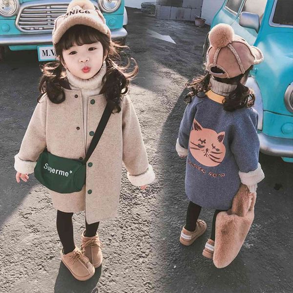 

woolen cloth girls coat winter warm fur overcoats kids cute cat thicken cardigan jacket childrens clothing, Blue;gray