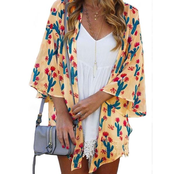 

women flower summer bikinis blouse loose shawls kimono cardigan beach bathing cover up sunscreen flare sleeve femme holiday women's sw, White;black