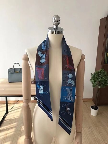 

super long 125*9cm luxury horse battle steed print riband bag scarf small ribbon unique hair band bandeau multi choker all match, Blue;gray