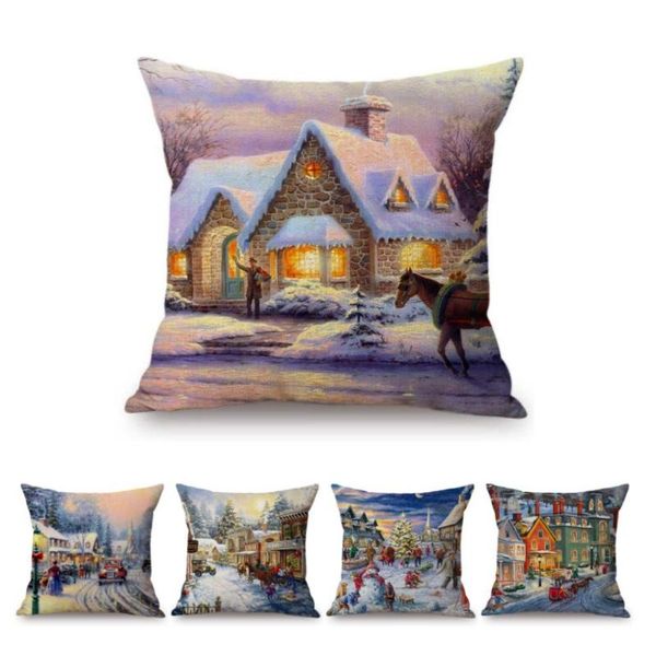 

christmas decoration winter snow covered houses beautiful scenery oil painting sofa throw pillow case cotton linen cushion cover cushion/dec