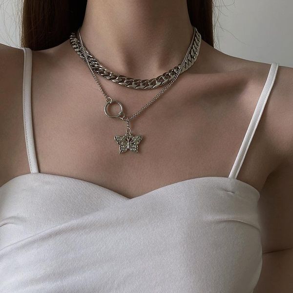 

pendant necklaces minar fairy tale butterfly titanium steel necklace for women double layers chunky link chain chokers hip hop jewelry, Silver