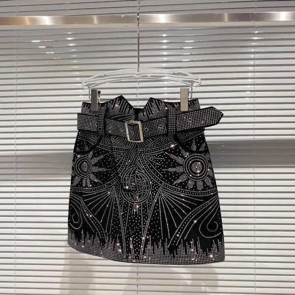 

skirts 2021 autumn diamond sequind mini skirt star pattern belt sheath a- line, Black