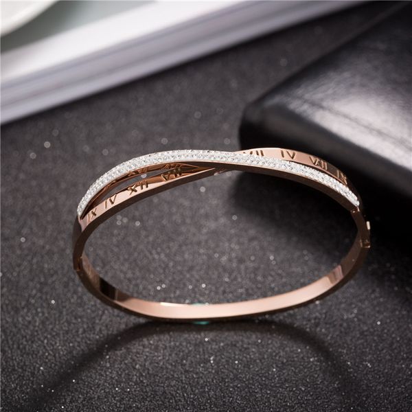 New Trendy Rose Gold Titanium Steel Bangle Completo Diamante Romano Numerais Pulseira Pulseira