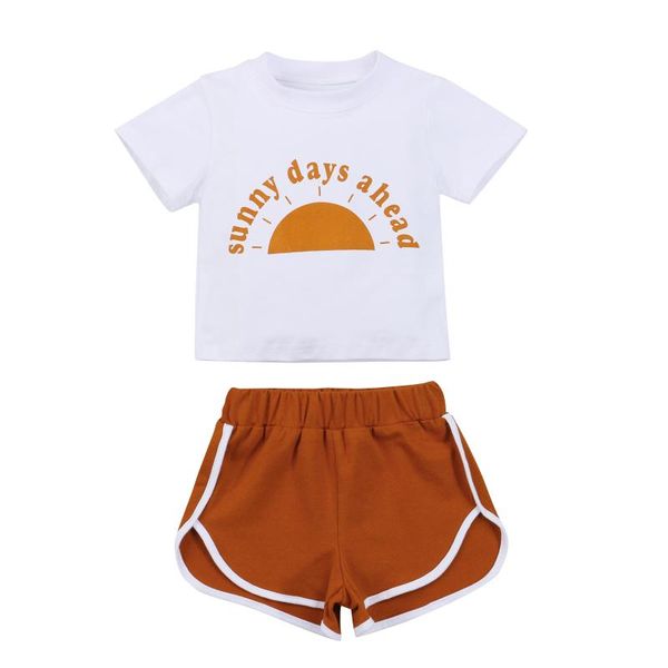 

clothing sets 2pcs toddler summer outfit, sun print o-neck short sleeves t-shirt + elastic shorts for baby girls, boys, 0-24 months, White