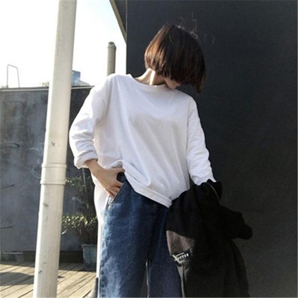 

t-shirts women long sleeve solid inside ladies clothing 2021 womens trendy loose simple student all-match tee korean t-shirt women's, White