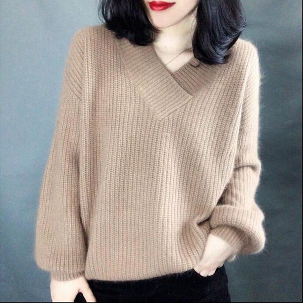 

v neck autumn knitted women sweaters lantern sleeve cashmere pullover solid elegant pull femme drop, White;black