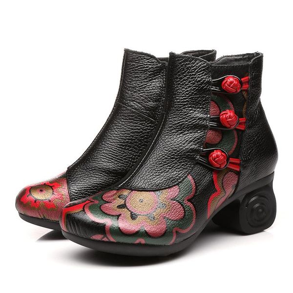 

boots high rubber sole embroidered beauty handmade thick national style leather heeled, Black