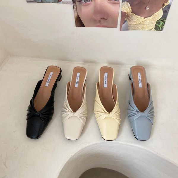 

slippers low shoes woman 2021 flat pantofle loafers cover toe female mule mules rubber hoof heels sewing spring pu fabric ba, Black