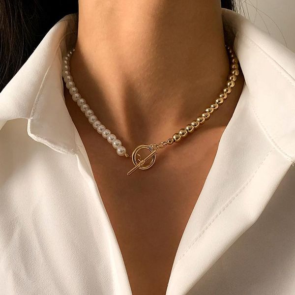 

punk baroque pearl necklace ot chain trendy women collar wedding toggle clasp circle lariat bead choker necklaces jewelry chains, Silver