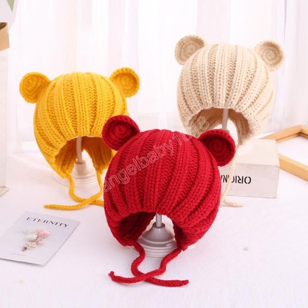 

autumn winter cute bear ears baby kids knitted hat warm caps earmuffs children beanies boys girls lace up hats, Yellow