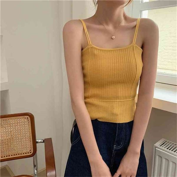 

women knitted crop sleeveless ped vest slim sling tank plain camisole high elastic camis 210507, White