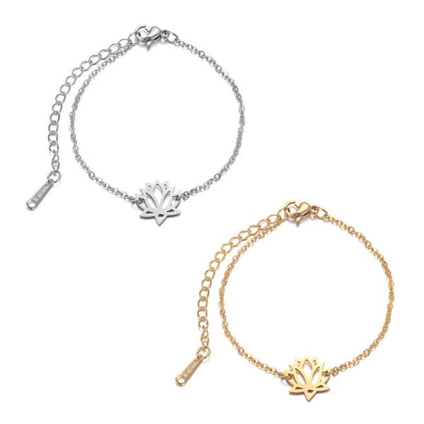 

charm bracelets 2021 titanium stainless steel hollow out lotus flower yoga bracelet gold tone adjustable link chain for women bangle gift, Golden;silver