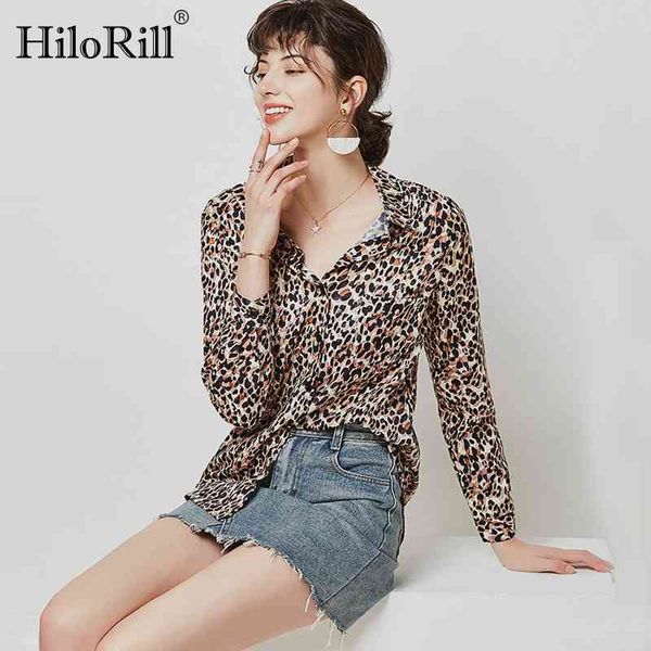 Leopard Imprimir Blusa Mulheres Casual Camisa Solta Manga Longa Desligado Collar Show Tunic Plus Size Hunt Femme 210508