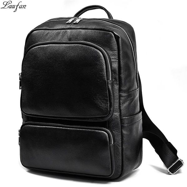

backpack black genuine leather men women waterproof 15 inch lapdaypack for male schoolbag student hiking travel rucksack
