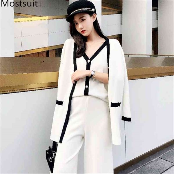 

fashion designer korean elegant knitted 3 piece sets suits women vest + cardigan wide leg pants vintage office 210513, White