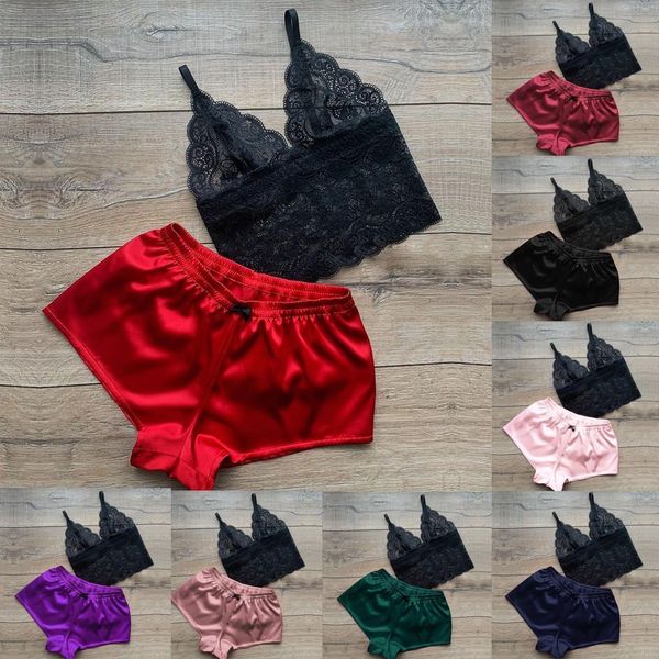 

floral lace bralette satin womens sleepwears shorts set lingerie summer sets ladies bra and panty sleep underwear pajama, Black;red