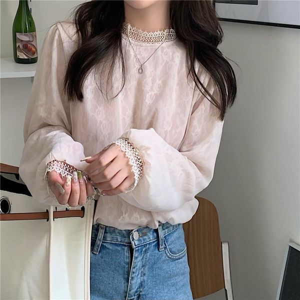 

women's t-shirt 2021 autumn korean sweet style chiffon shirt women puff sleeve blouses fashion stand collat ladies vintage lace shirts, White