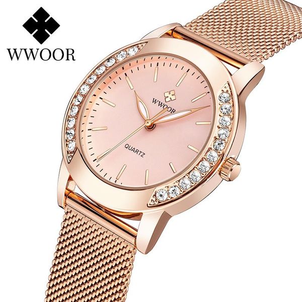 

women fashion pink bracelet watch 2021 diamond quartz ladies rose gold wrist gift clock wristwatches, Slivery;brown