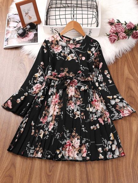 

girls floral print flounce sleeve pleated hem belted dress she, Red;yellow