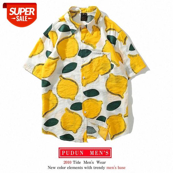 

sky lemon pattern short-sleeved shirt men's loose and lazy port style retro wei yi flower couple #pn0d, White;black