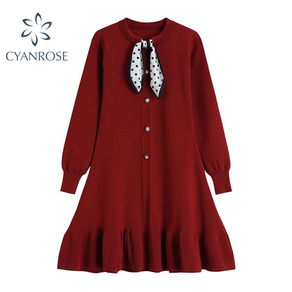 

vintage knit dresses silk scarf bandage collar lantern long sleeve chic knitted frocks mujer single breasted loose female 210417, Black;gray