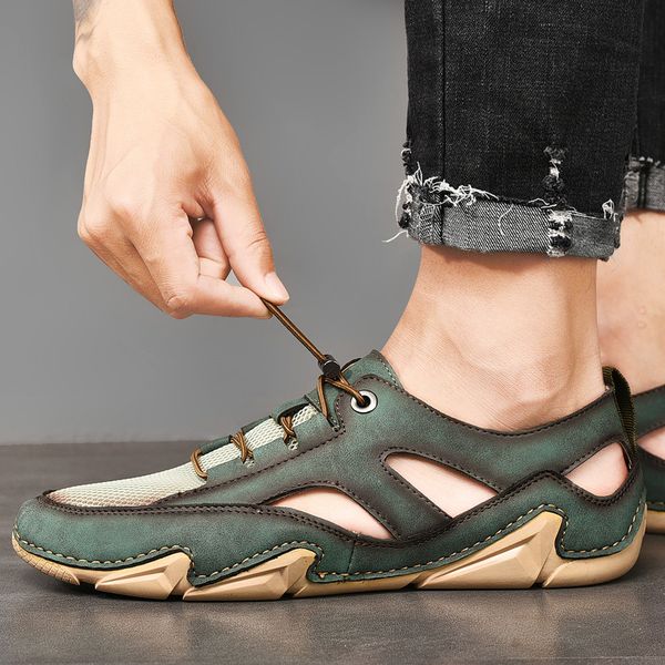 

summer mesh men sandals luxury breathable leather casual shoes men beach sandals fashion outdoor mens slippers plus size 38-47, Black