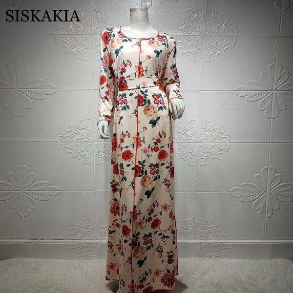 Abiti casual Siskakia Elegante abito lungo floreale etnico floreale per le donne Primavera 2021 O Collo manica lunga Malaysia Arabo Oman Abbigliamento musulmano