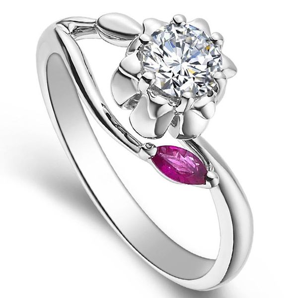 

cluster rings 18k au750 white gold ring women wedding anniversary engagement party ruby flower round moissanite diamond elegant romantic, Golden;silver