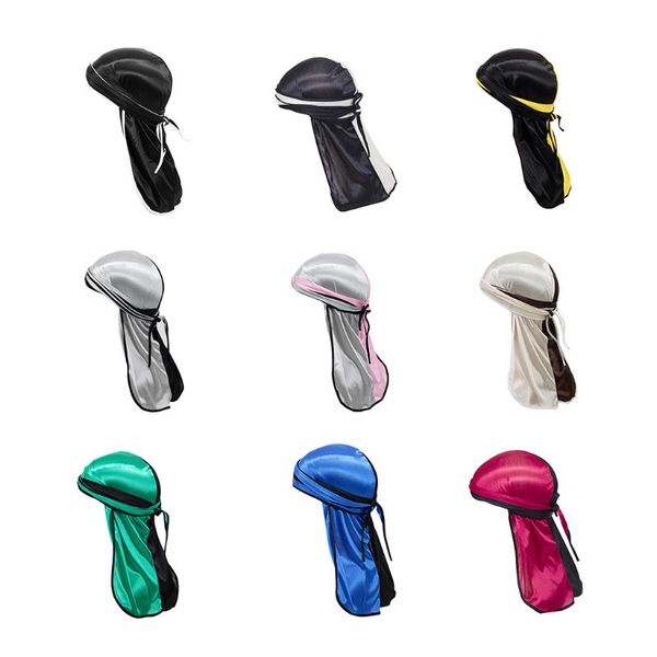 

imitation silk pirate hat hip hop wind long tail dual-color patchwork silky durags wholesale stain bonnet beanies