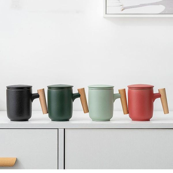

mugs tea water separation cup ceramic frosted home office wooden handle mug with lid filter tumbler cups