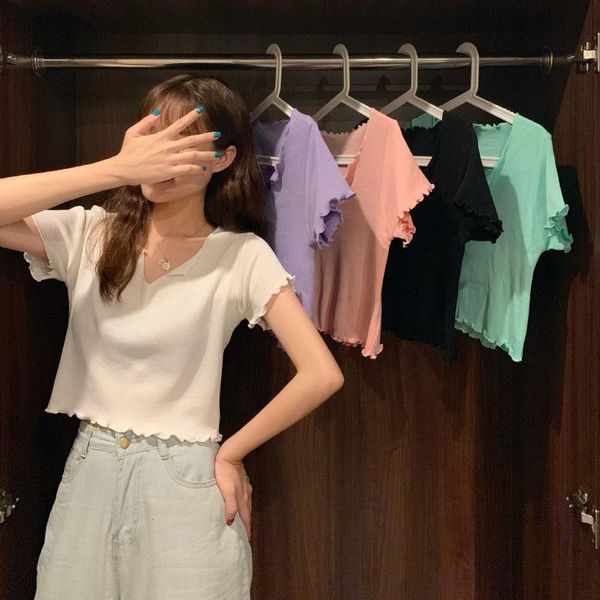 

women's t-shirt woman tshirts short-sleeved summer 2021v collar wavy edge sweater crop mujer camisetas, White