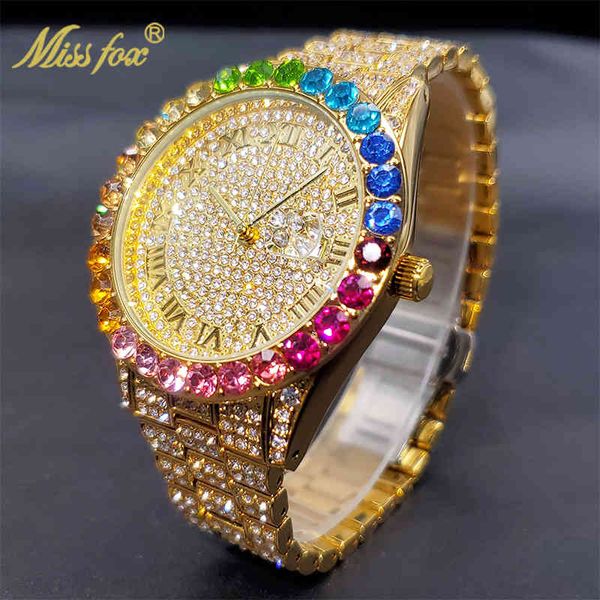 

montre homme luxe grande marque missfox 18k gold diamond watch for men stylish geneva timepieces waterproof wholesale, Slivery;brown