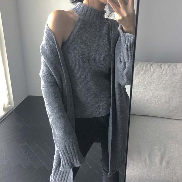 

pant autumn winter two women knitted pullovers sweater & long knitting cardigans jacket coat 2 piece set 0ie4, White