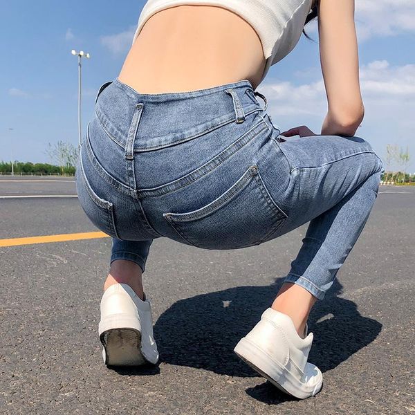 

women's jeans plus size light blue slim advanced stretch double button high waist denim pants female mom trousers black