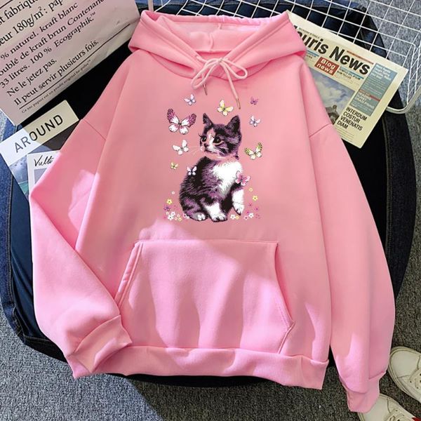 

men's hoodies & sweatshirts cute cartoons butterfly cat men sweatshirt fashion crewneck funny pocket pullover hoody cartoon oversized s, Black