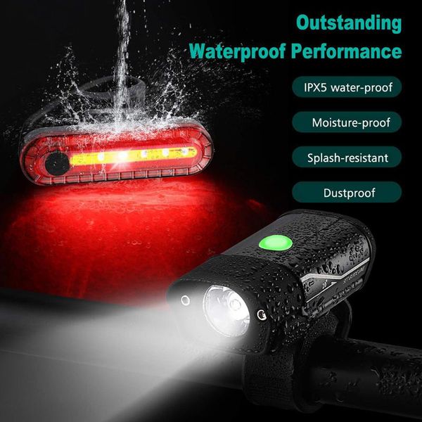 

rechargeable waterproof bicycle light set cycling front light+rear 120 degree wide angle battery bike lights