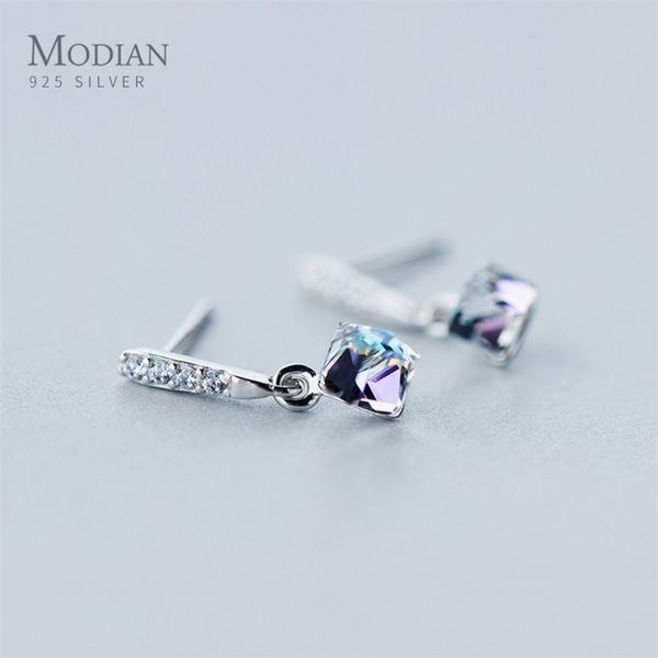 

modian arrive 100% 925 sterling silver square rainbow crystal drop earrings for women dangle ear fashion jewelry 210625, Golden;silver