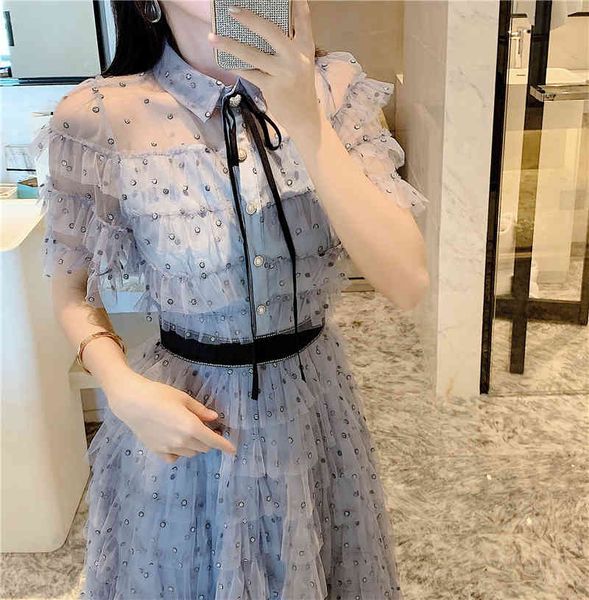 

casual dresses women polka dot retro sweet mesh long puff sleeve elegant blue autumn korean splice a-line short 0l8q, Black;gray