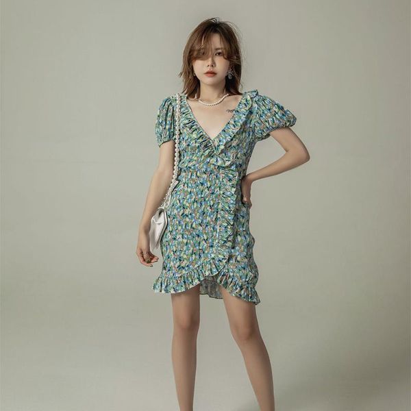 

party dresses vacation fashion deep v collar lace ruffles folds puff sleeve green print a-line mini dress fresh sweet women summer clothes, White;black