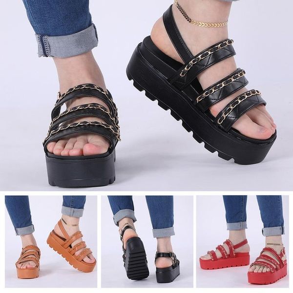 

sandals summer fashion strappy for women open toe buckle gold chain ladies platform shoes comfortable casual high heeled, Black