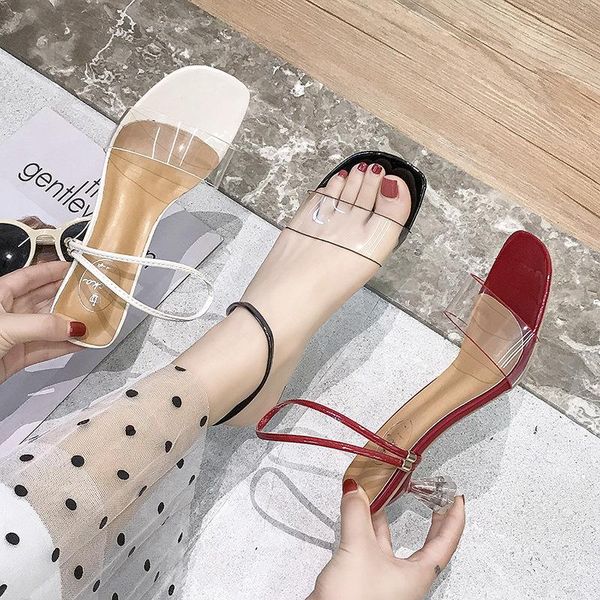 

summer style transparent open toe middle heel sandals fashion cat girl thick fashionable, Black